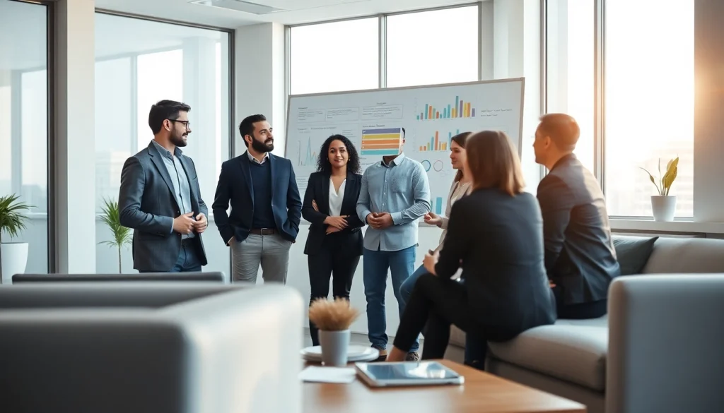 Engaged professionals discussing strategies for their Business in a modern office setting.