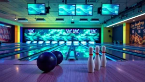High-tech bowling equipment manufacturer showcasing modern bowling lanes and automated pinsetters.