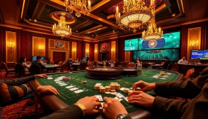 The luxurious GO8 casino scene showcases high-stakes gaming with poker chips, cards, and an elegant digital interface.