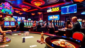 Experience the thrill of gambling at ok365 with players enjoying casino games and vibrant slot machines.