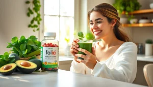 明るいキッチンで新鮮な食材とともに葉酸サプリを紹介するウェルネスの風景。