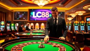 Players enjoying high-stakes games at LC88 casino, showcasing roulette and slot machines.