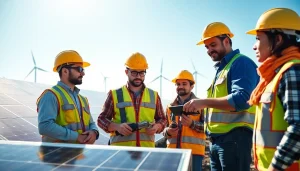 Showcasing skilled labor for energy sector workers collaborating on renewable energy projects.