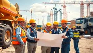Construction association Colorado teamwork displayed by diverse construction workers on a busy site.