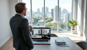 Engage with https://newdeveloperlaunch.sg for virtual tours of luxury condominiums in a modern office setting.