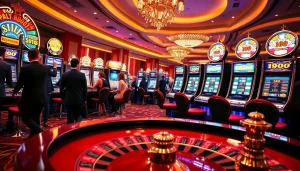 RAJABARONG casino players winning at slot machines and roulette, showcasing excitement and luck.