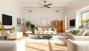 Home renovation transformation of a modern living room with stylish decor and bright lighting