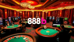 Experience exclusive 888b đăng nhập at a luxurious casino environment filled with poker tables and vibrant games.