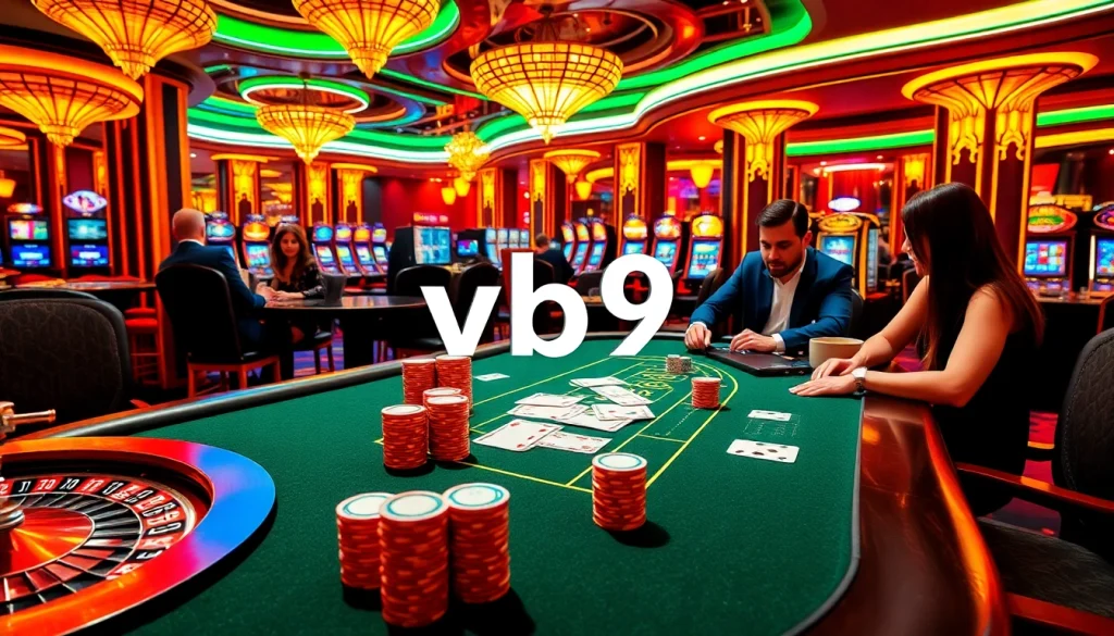 Players engaging in a thrilling game at a casino with vb9 branding visible, showcasing excitement and strategy.