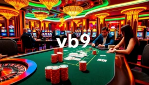 Players engaging in a thrilling game at a casino with vb9 branding visible, showcasing excitement and strategy.