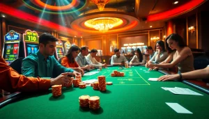 Engaged players celebrate their wins at the exciting casino scene of 888top com with a vibrant poker table.