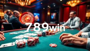 Exciting poker game at 789win casino with vibrant chips and cards on a lavish table.