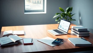 Modern office workspace showcasing easy investing tips with laptop and financial charts.