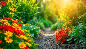 Gardening vibrant vegetable garden with blooming plants and colorful flowers in a sunny setting.