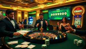 Rasakan Obral Toto di kasino mewah yang menampilkan meja roulette dan pemain yang bersemangat.