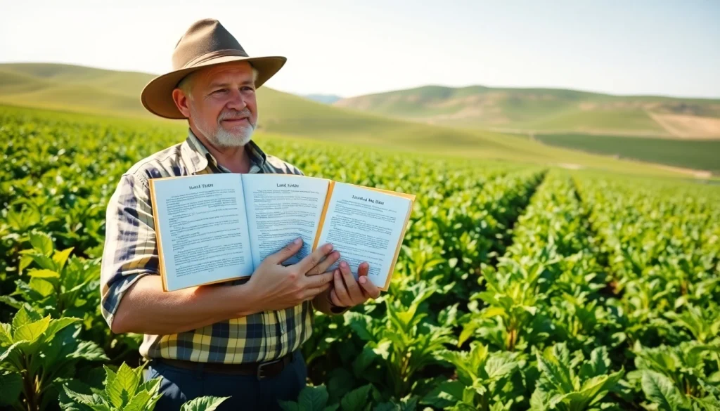 A farmer holding agricultural law books in a vibrant field, symbolizing legal aspects of farming.