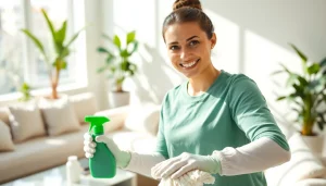 Delivering a cleaning service in a modern living room, highlighting eco-friendly products and professionalism.