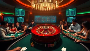 Players enjoying exciting games at S8 casino, featuring roulette and poker tables with vibrant chips.