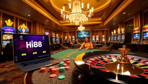 Engaging players at Hi88 poker table surrounded by thrilling casino elements.
