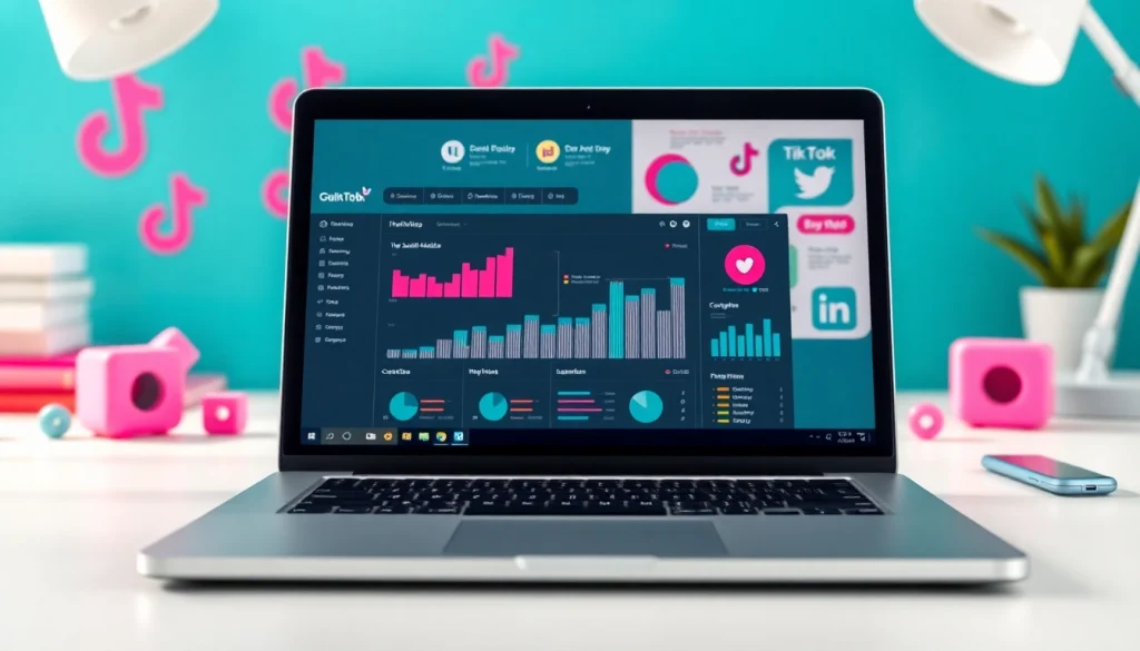 Engaging setup featuring a laptop displaying TikTok SMM panel insights and colorful social media icons.