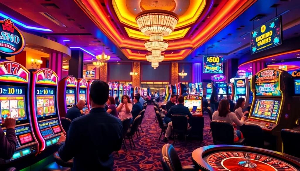 Engaged players enjoying nổ hũ đổi thưởng at vibrant slot machines in a luxurious casino setting.