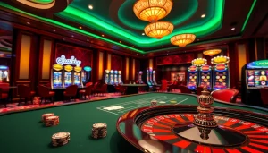 Experience the thrilling atmosphere of vua99's luxurious casino with gaming tables and vibrant slot machines.