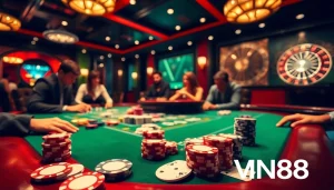 Experience high-stakes poker action at VN88 casino with vibrant chips and cards.