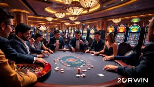 Experience the thrill of poker at 6RWIN with an elegant casino backdrop, vibrant chips, and cards.