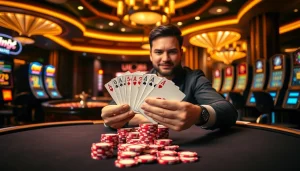 UU88 casino player strategizing at a luxurious poker table with vibrant surroundings.