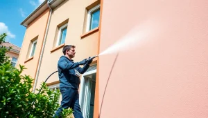 Profesionalno čiščenje fasade v akciji, ki prikazuje učinkovite storitve čiščenja fasade in rezultate.