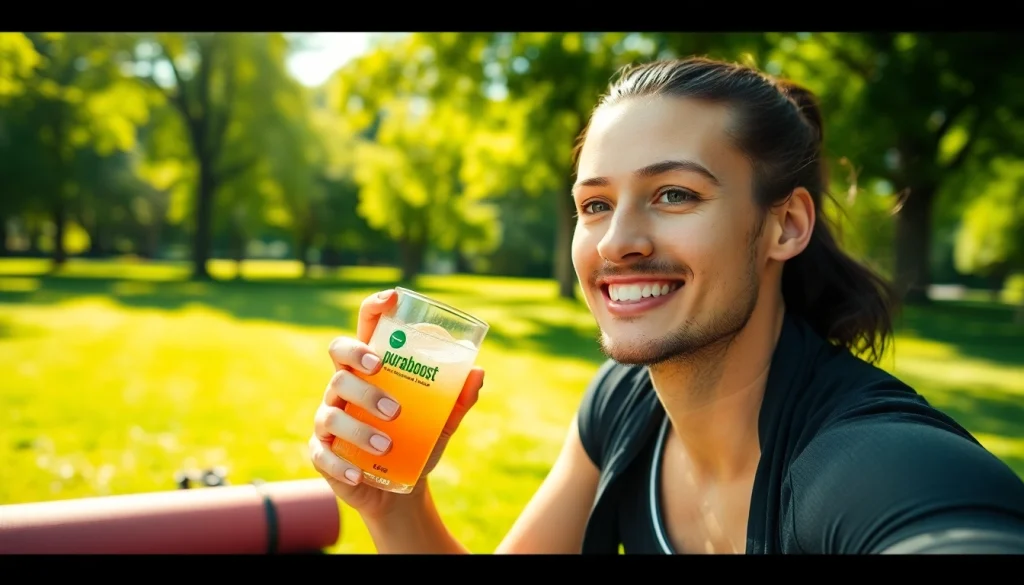 Puraboost energy drink mix revitalizing fitness enthusiast in a vibrant outdoor setting.