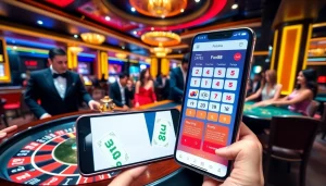 Fun88 app interface displayed alongside poker chips at a bustling casino scene.