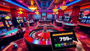 A lively casino scene with players engaging in games at 789win, showcasing roulette, blackjack, and slot machines.