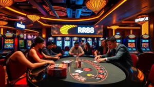 RR88 players enjoying an exciting live poker game with colorful chips and cards.