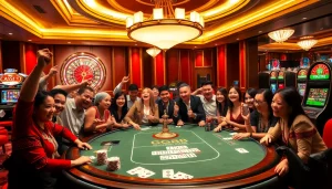 Players enjoying their experience at the GG88 casino table with vibrant poker chips and cards.