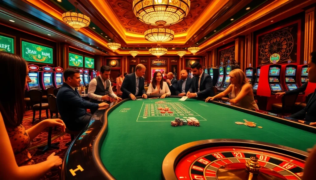 Players enjoying a thrilling game at the F168 casino table, surrounded by vibrant casino elements.