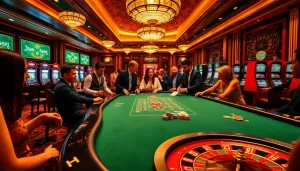 Players enjoying a thrilling game at the F168 casino table, surrounded by vibrant casino elements.