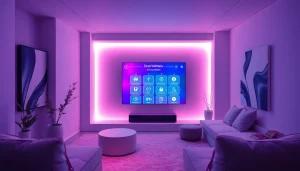 Futuristic AI interface in an intimate setting, promoting sex ai solutions.