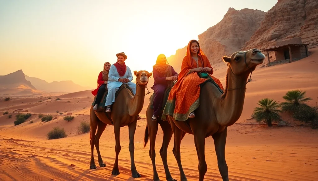 Camel ride Marrakech during a stunning Agafay Desert sunset, featuring joyful riders amidst golden dunes.