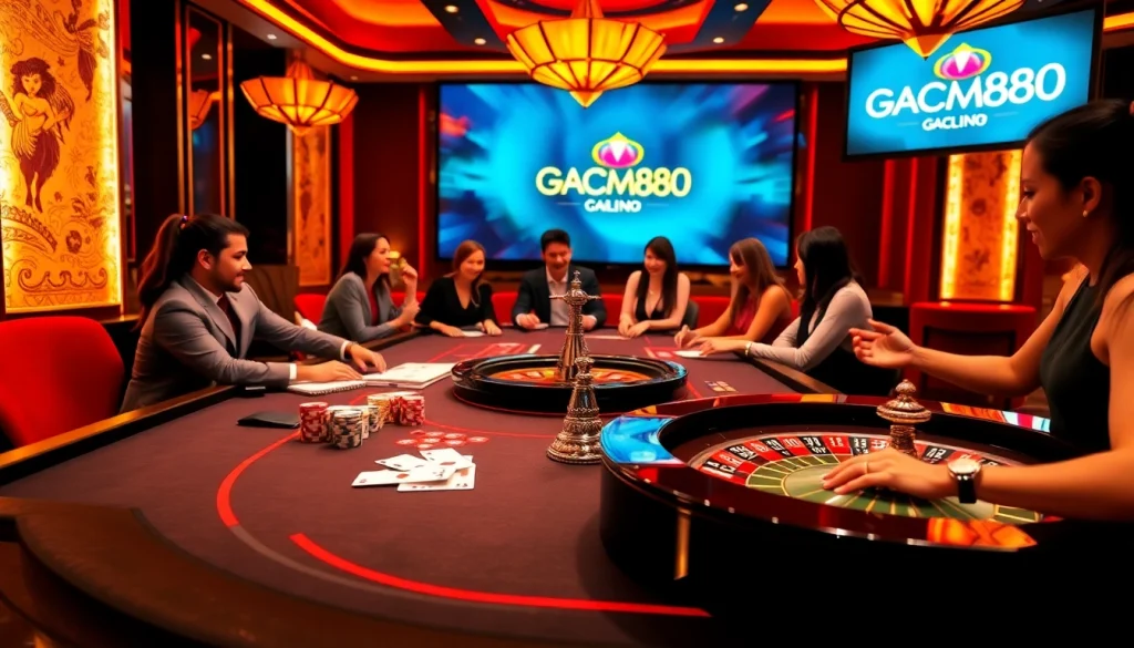 Players immerse in an exciting game at GACAM888 casino, highlighting poker chips and a vibrant atmosphere.