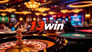 Intense gambling action at 13win casino with vibrant tables, chips, and online gaming interfaces.