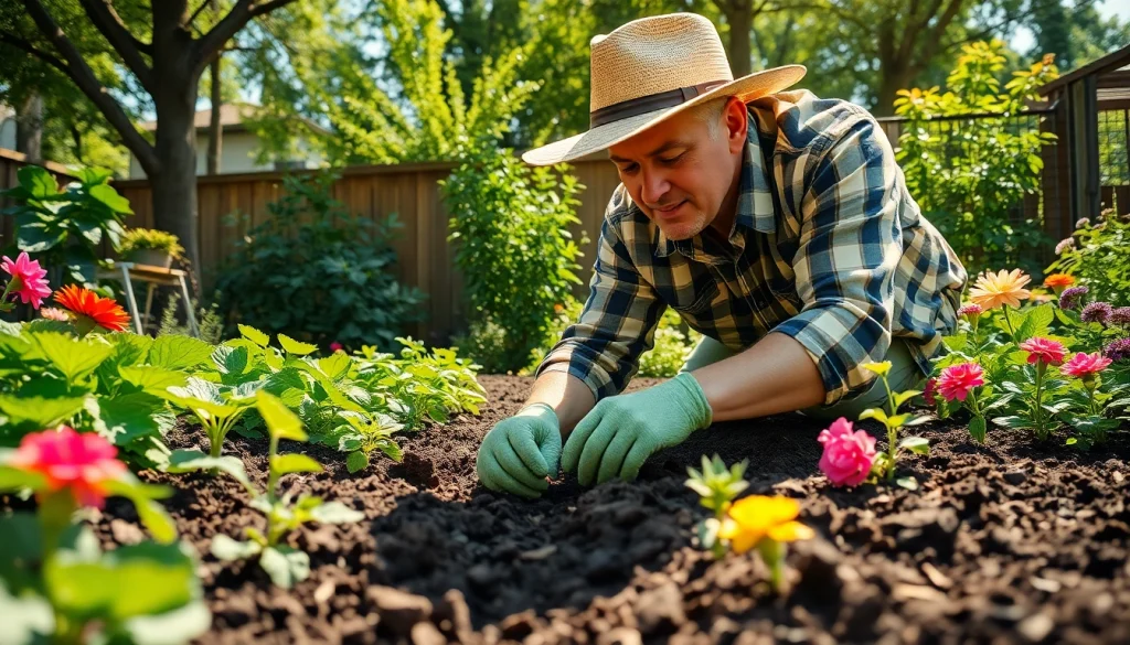 Gardening enthusiast planting seeds in a vibrant vegetable garden filled with colorful plants.