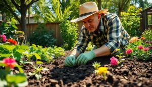 Gardening enthusiast planting seeds in a vibrant vegetable garden filled with colorful plants.