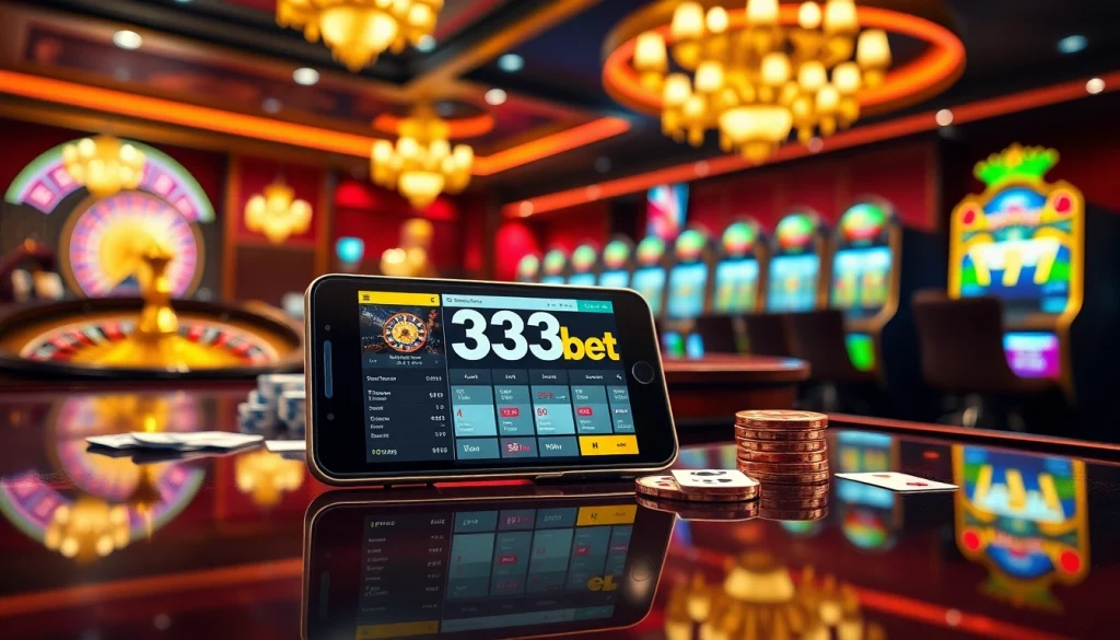 Engage with the exciting 333bet App on a sophisticated casino table, showcasing vibrant gambling elements.