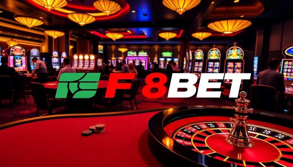 Exciting gambling scene with F8BET branding at a luxurious casino table.