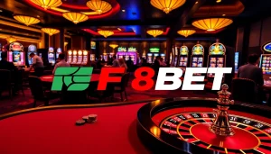Exciting gambling scene with F8BET branding at a luxurious casino table.