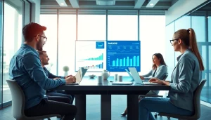 Evaluate competitor pricing strategies with a collaborative team in a modern office setting.