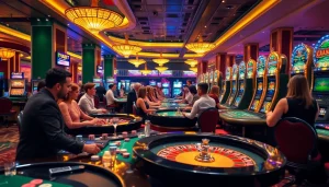 THABET casino scene showcasing players engaged in exciting roulette and poker games.