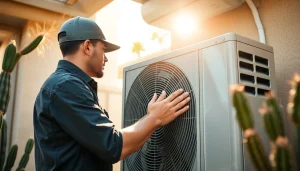 Technician repairing a Scottsdale AC unit in a residential setting with desert landscaping.