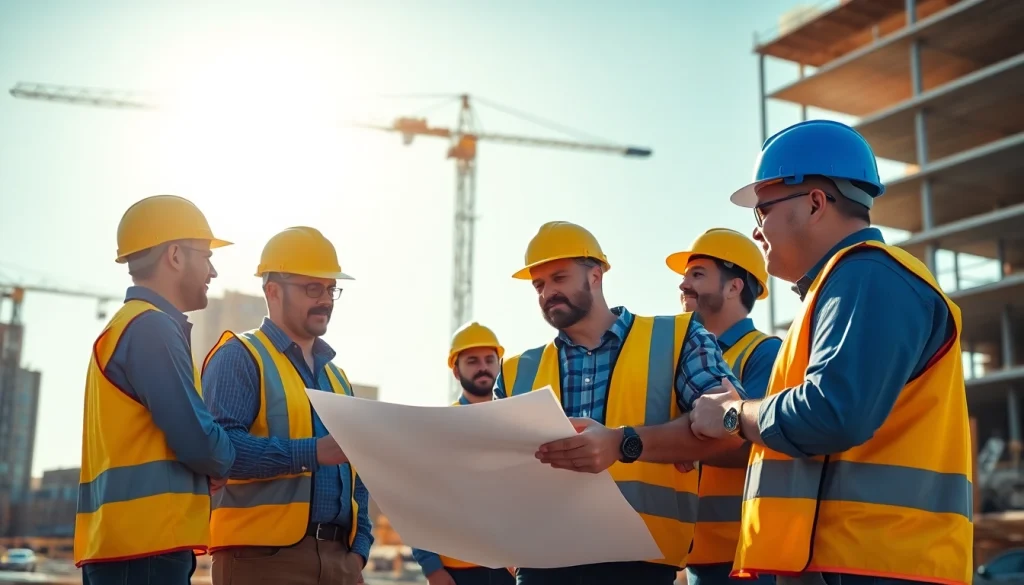 Highlighting teamwork among construction workers in North Carolina at a construction site, showcasing the construction association north carolina's commitment.